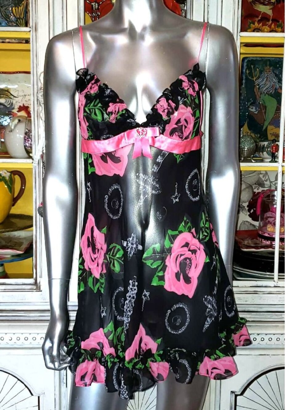 Vintage Betsey Johnson Slip Dress Y2K Black Floral Rose Jewelry Print Babydoll S - Picture 6 of 15